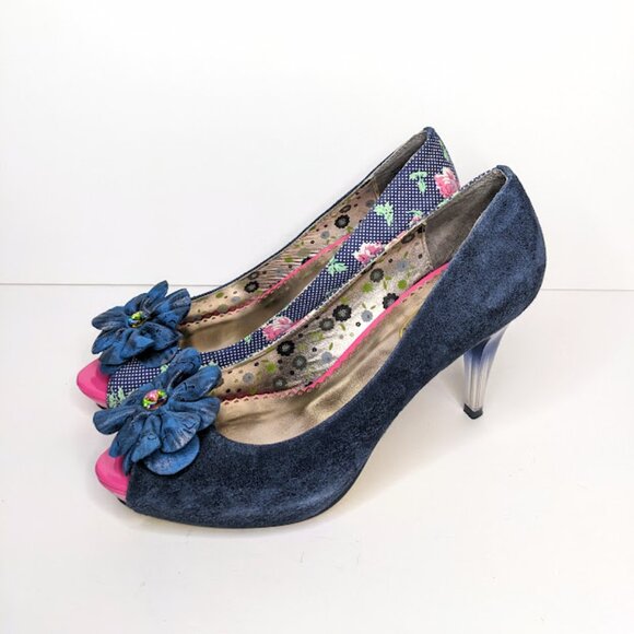 Poetic License Navy Floral Heel Womens 7.5 Peep Toe Suede Retro Party Pumps - Picture 2 of 8